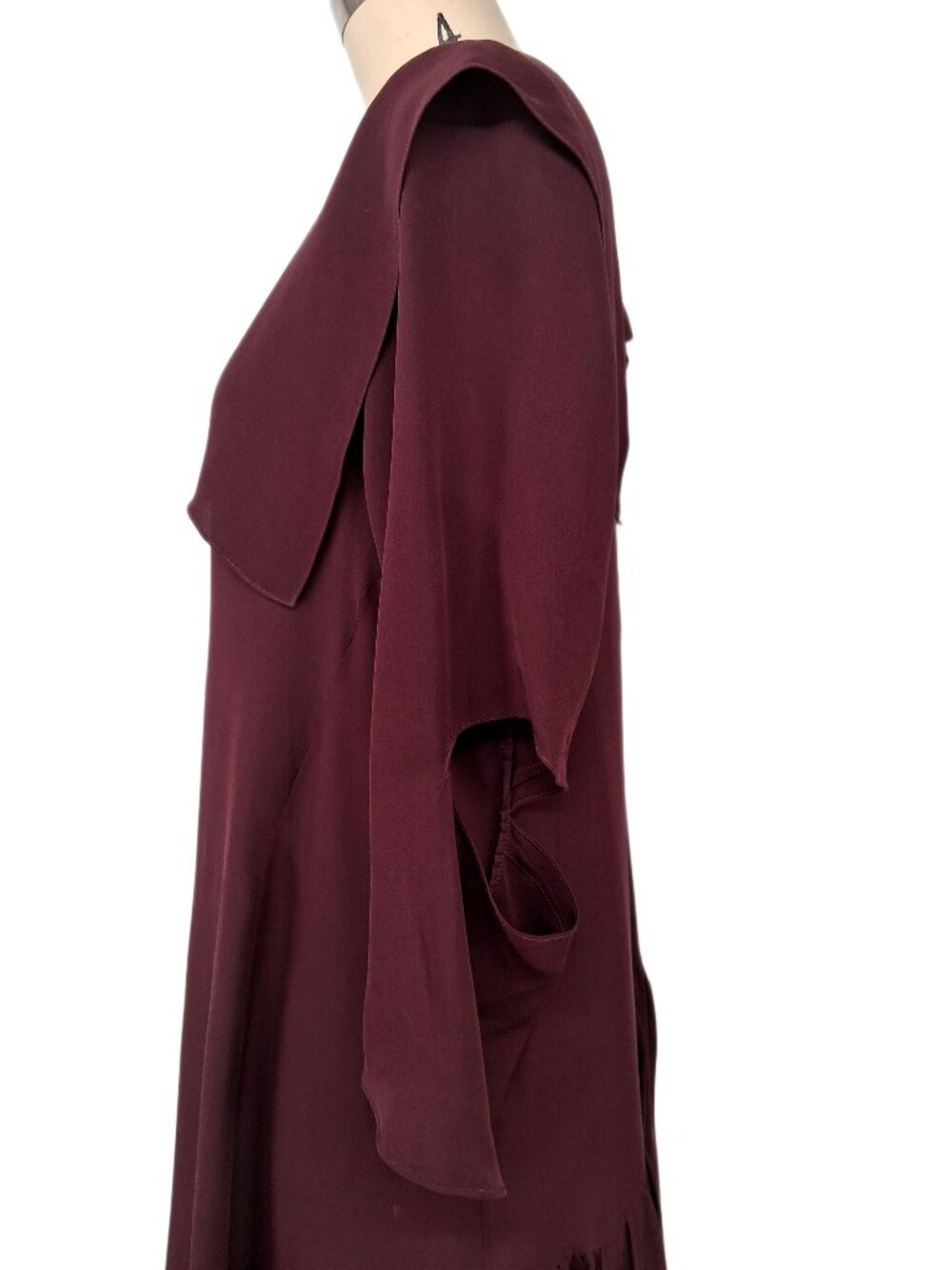 Morgane Le Fay Burgundy Silk Asymmetric V-Neck Draped Handkerchief Hem Dress M - Picture 3 of 15